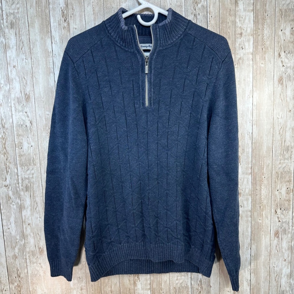 Tommy Bahama Mens 1/4 Zip Pullover Sweater Navy Wave Knit‎ Cotton Blend